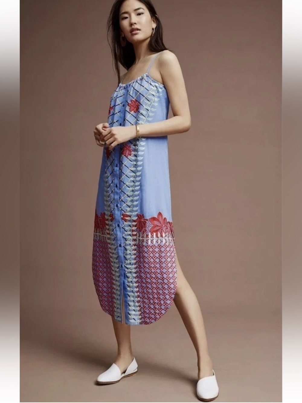 Anthropologie Lilka Bright Estina Embroidered Midi Dress Sundress Summer Boho S
